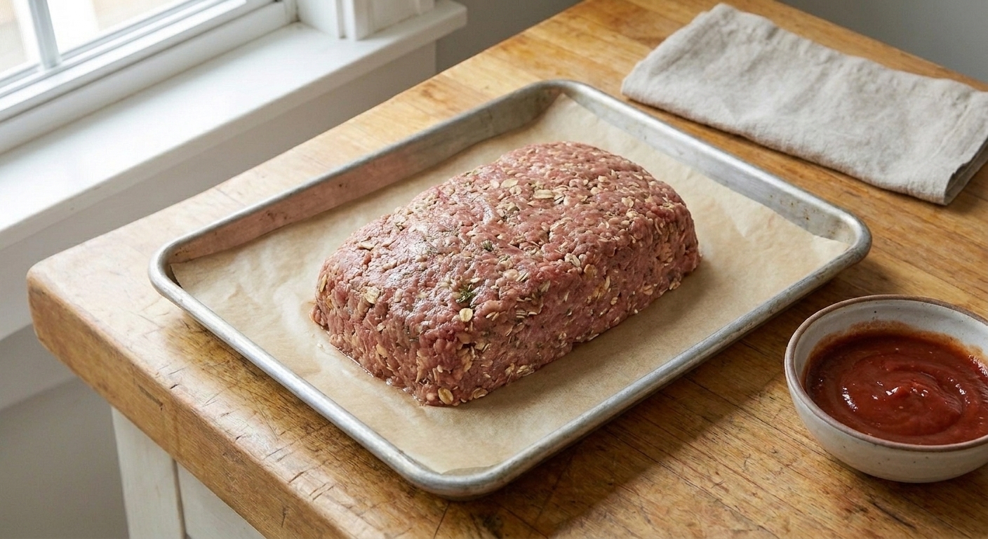 An unbaked meatloaf formed into a neat loaf on a parchment-lined baking sheet