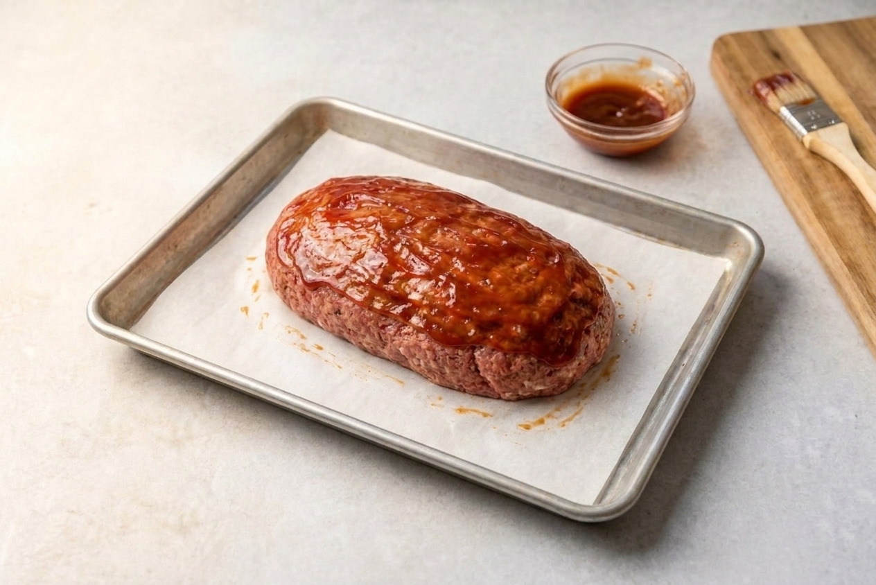 An unbaked meatloaf on a parchment-lined sheet pan with a first layer of glaze spread over the top.