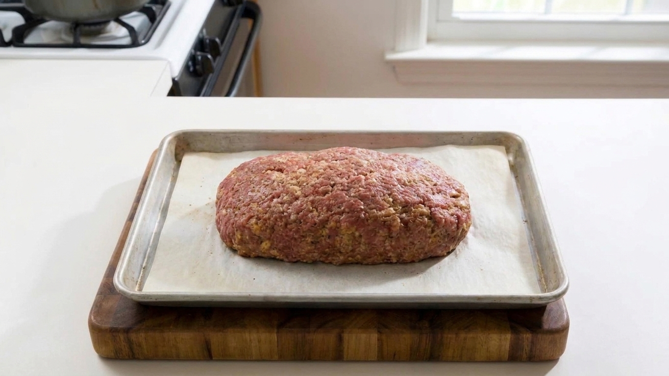 An unbaked meatloaf shaped into a neat loaf on a parchment-lined sheet pan
