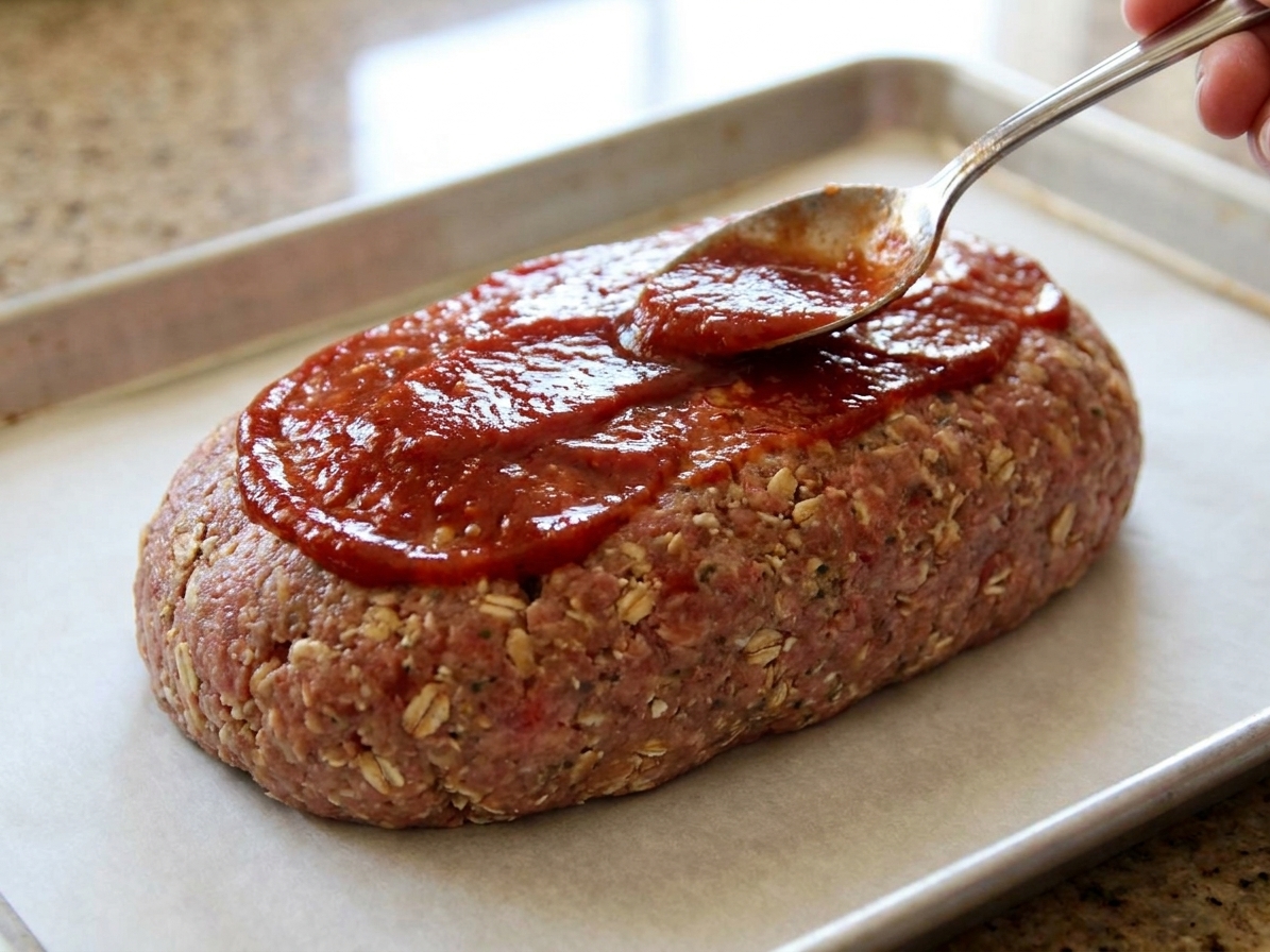 An unbaked meatloaf shaped into an oval loaf on a parchment-lined sheet pan, with glaze being spread on top using a spoon