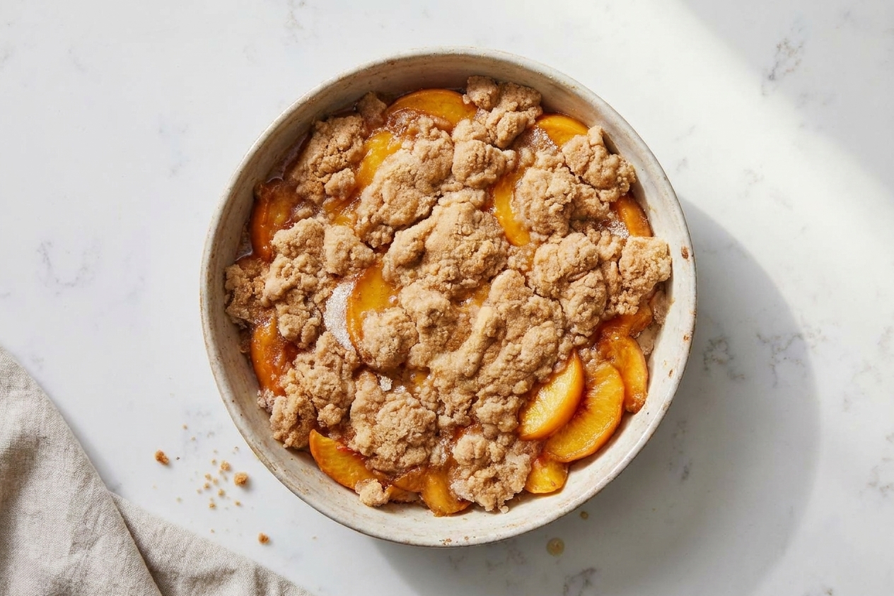 An unbaked peach cobbler in a ceramic baking dish with crumb topping scattered over the peaches on a kitchen counter