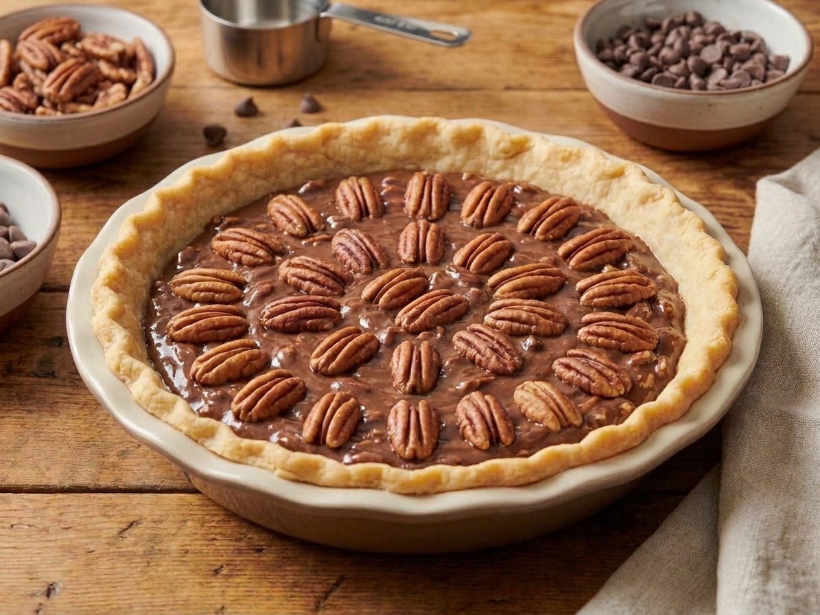 An unbaked pecan chocolate pie with pecan halves arranged on top of the glossy filling in a pie dish