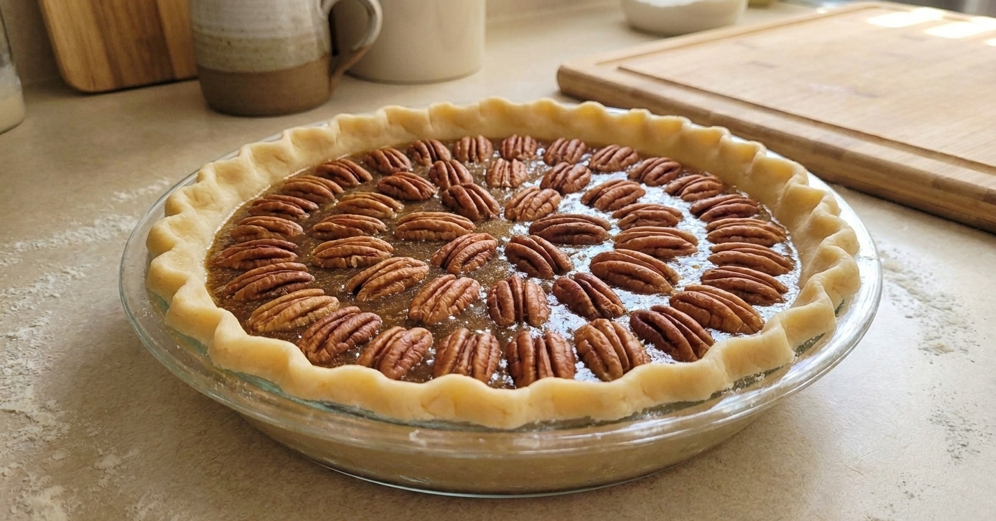 An unbaked pecan pie in a pie dish with pecans arranged on top of the syrup filling on a kitchen counter