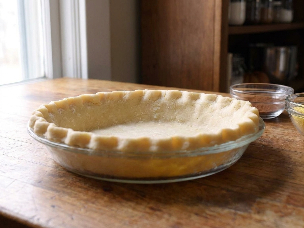 An unbaked pie crust pressed into a 9-inch pie dish on a wooden counter, edges crimped