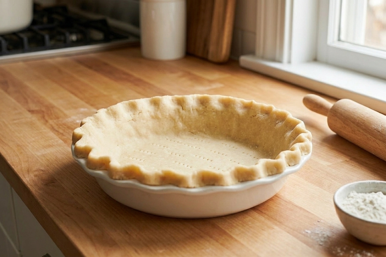 An unbaked pie crust pressed into a ceramic pie dish on a kitchen counter