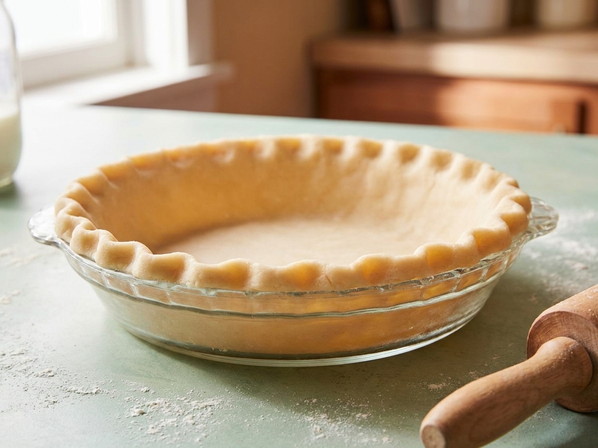 An unbaked pie crust pressed into a glass pie dish on a kitchen counter, edges crimped and ready for filling