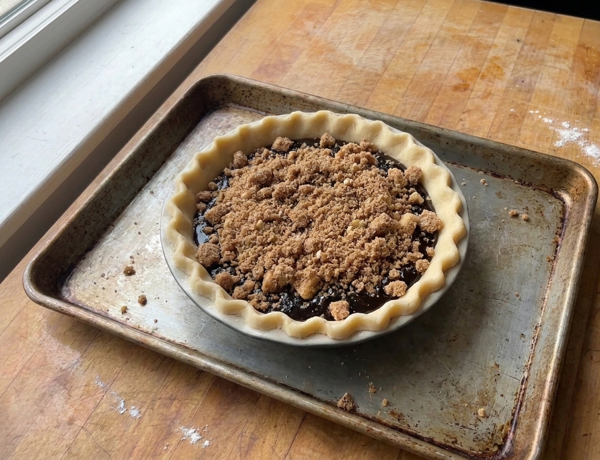 An unbaked shoofly pie in a pie dish with molasses filling and a thick layer of brown sugar crumb topping, sitting on a baking sheet
