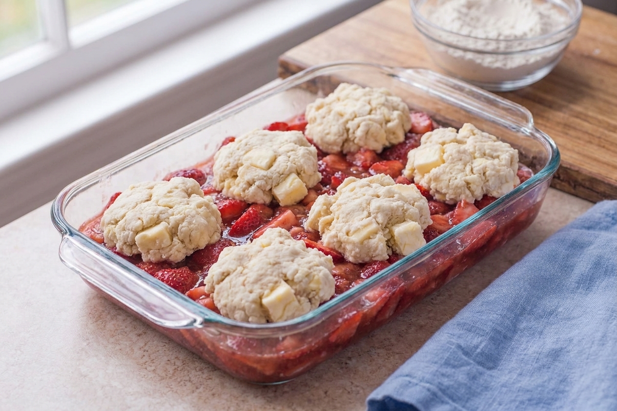 An unbaked strawberry cobbler in a pan with biscuit dough mounds spaced over the fruit