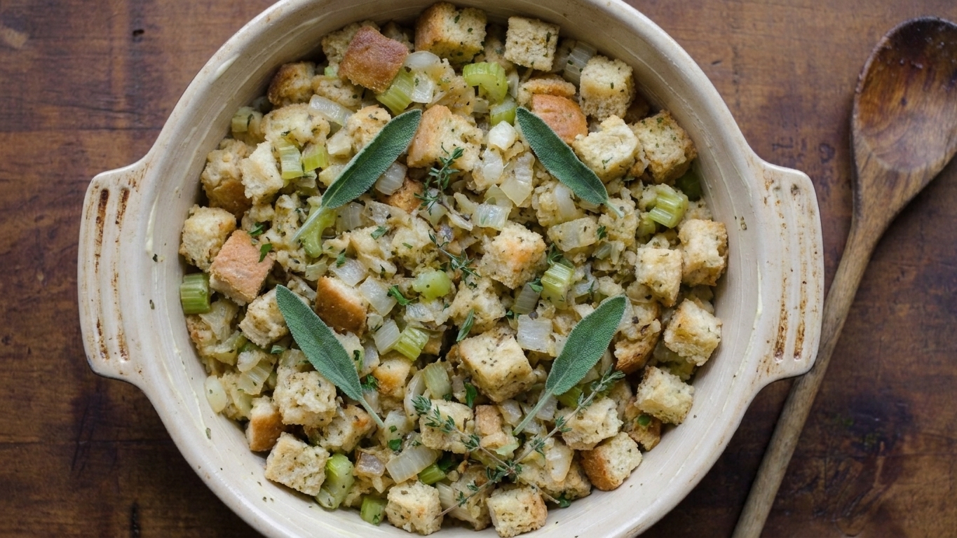 An unbaked stuffing mixture spread in a buttered casserole dish with visible herbs and bread cubes on a kitchen counter