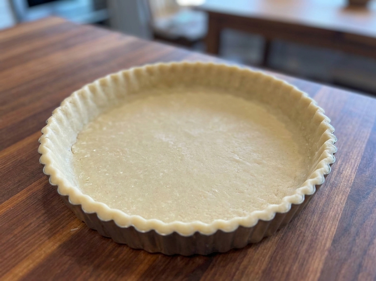 An unbaked tart crust fitted into a fluted tart pan with a removable bottom