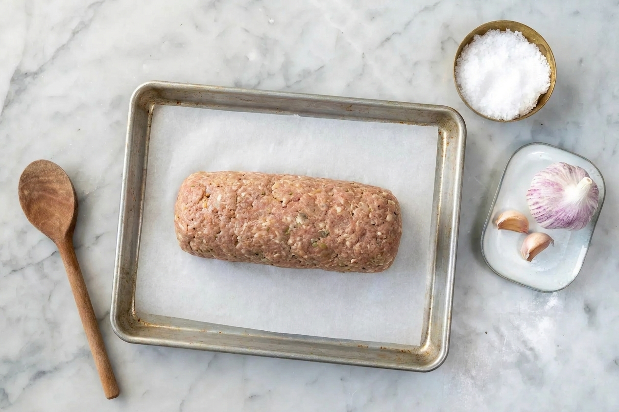 An unbaked turkey loaf shaped into an even log on a parchment-lined baking sheet