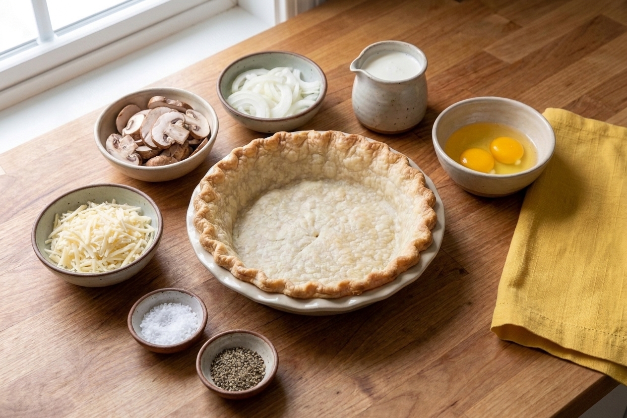 An uncooked pie crust in a pan surrounded by eggs, cream, grated Gruyere, mushrooms, onions, salt, and pepper on a clean kitchen counter in natural light