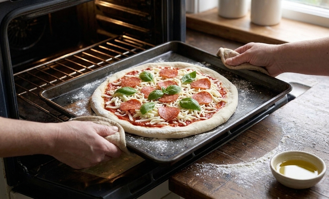 An uncooked pizza on a hot sheet pan being placed into a preheated oven