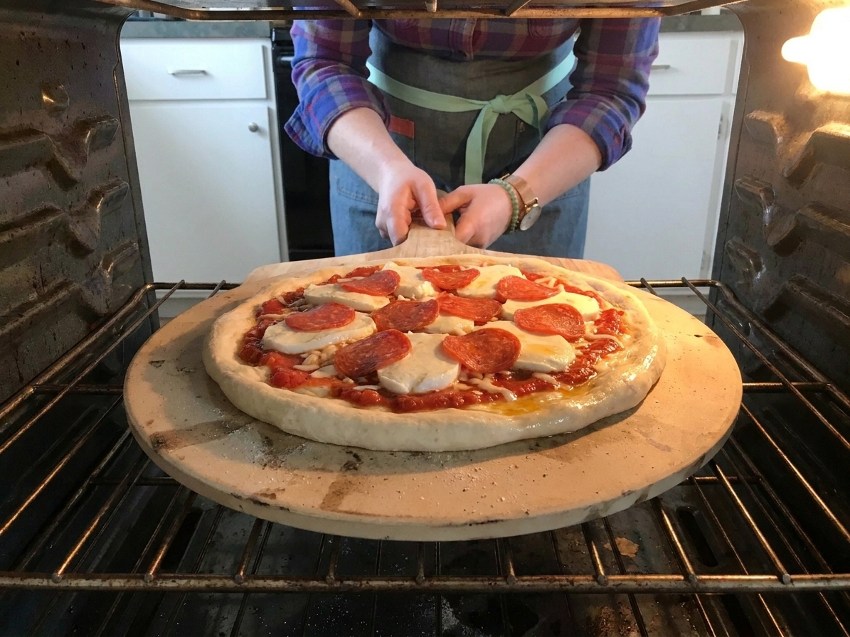 An uncooked topped pizza on a hot pizza stone inside an oven, cheese beginning to melt