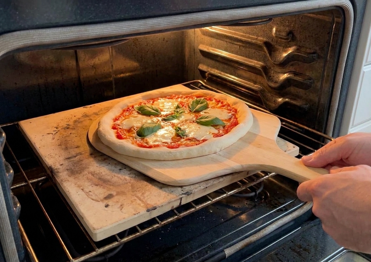 An uncooked topped pizza sliding onto a preheated pizza stone inside a hot home oven