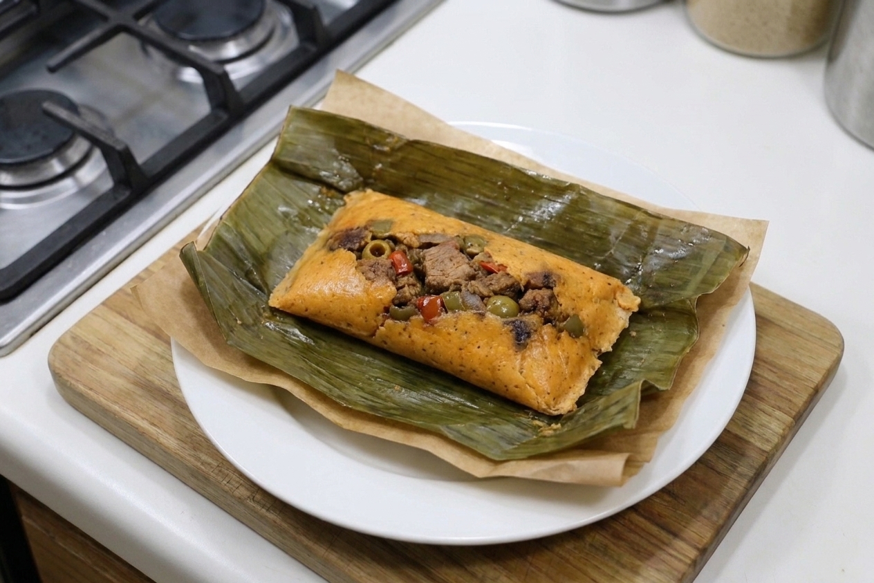 An unwrapped Puerto Rican pastel on a plate with the masa set and tender, pork filling visible in the center