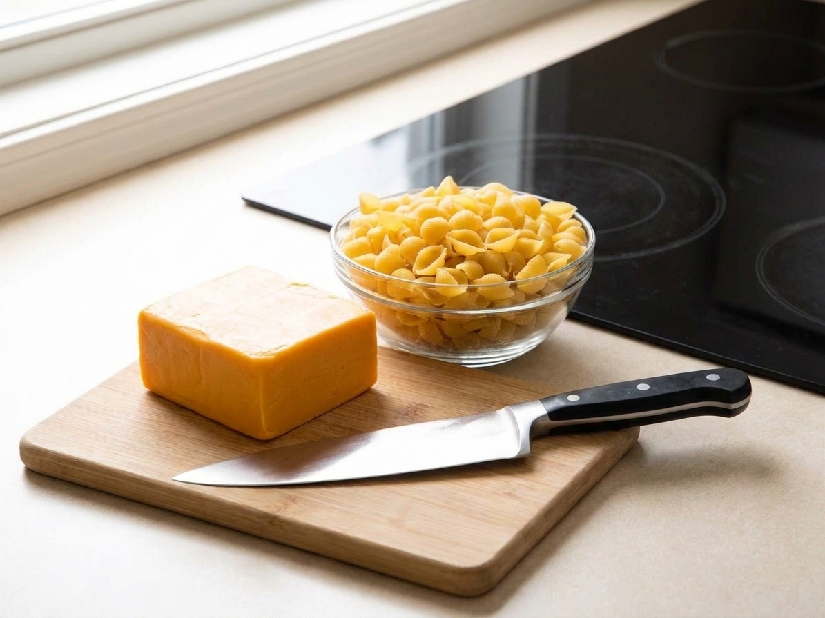 An unwrapped block of Velveeta cheese on a cutting board next to a chef’s knife and a small bowl of dry pasta shells on a bright kitchen counter
