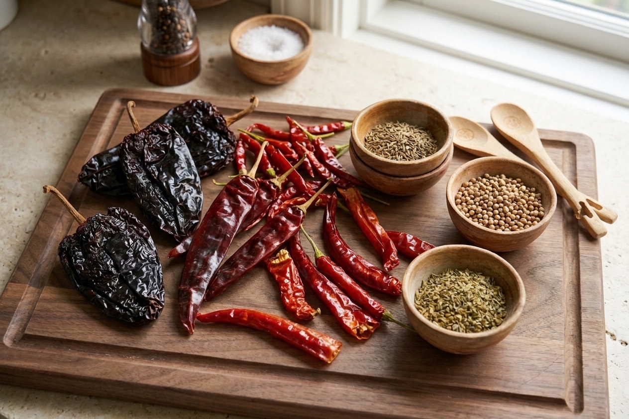 Ancho, guajillo, and optional árbol chiles on a kitchen counter next to small bowls of spices