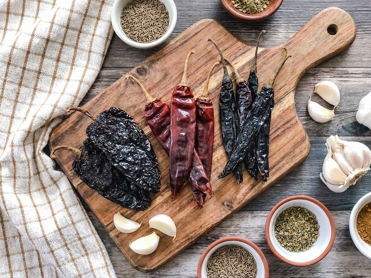 Ancho, guajillo, and pasilla chiles on a cutting board with garlic and spices arranged nearby on a kitchen counter