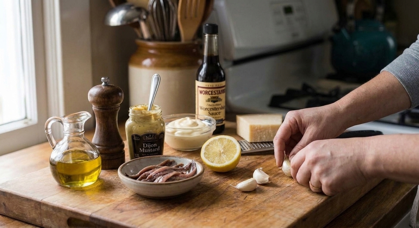 Anchovy fillets, garlic cloves, lemon, Dijon mustard, mayonnaise, Worcestershire sauce, Parmesan cheese, black pepper, and olive oil arranged on a clean kitchen counter