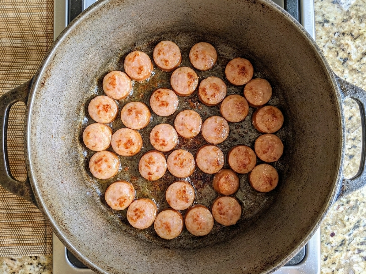 Andouille sausage rounds browning in a Dutch oven on a stovetop with light browning on the edges