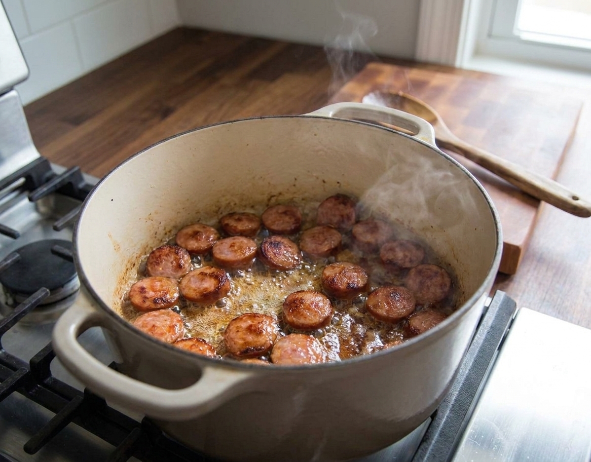 Andouille sausage rounds browning in a Dutch oven with rendered fat sizzling on the bottom
