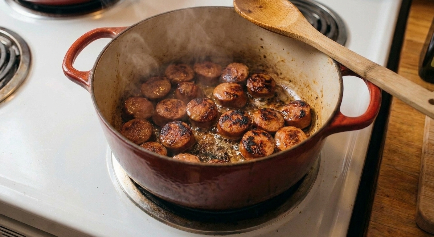 Andouille sausage rounds with crisp browned edges sizzling in a pot on a stovetop