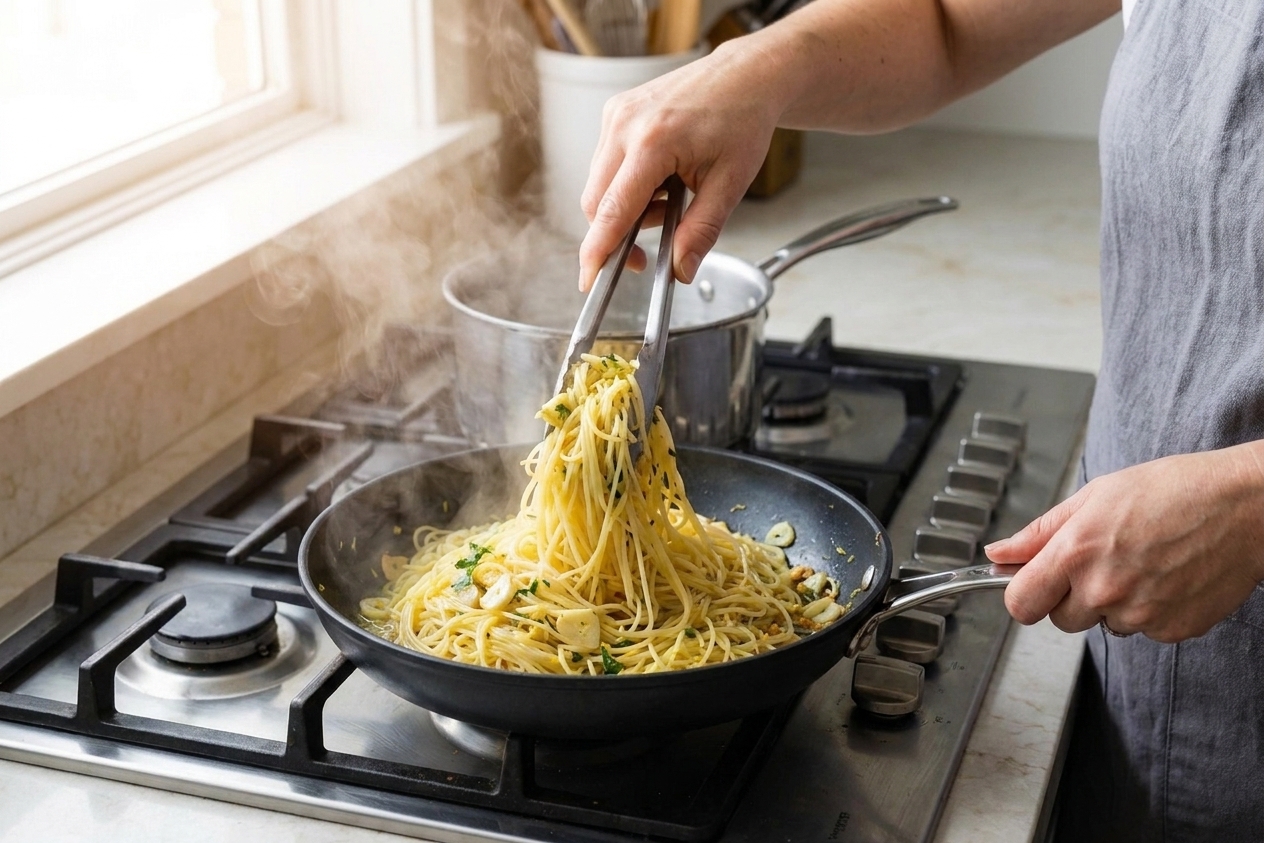 Angel hair pasta being tossed in a skillet with glossy garlic lemon sauce using tongs, steam rising under warm kitchen lighting