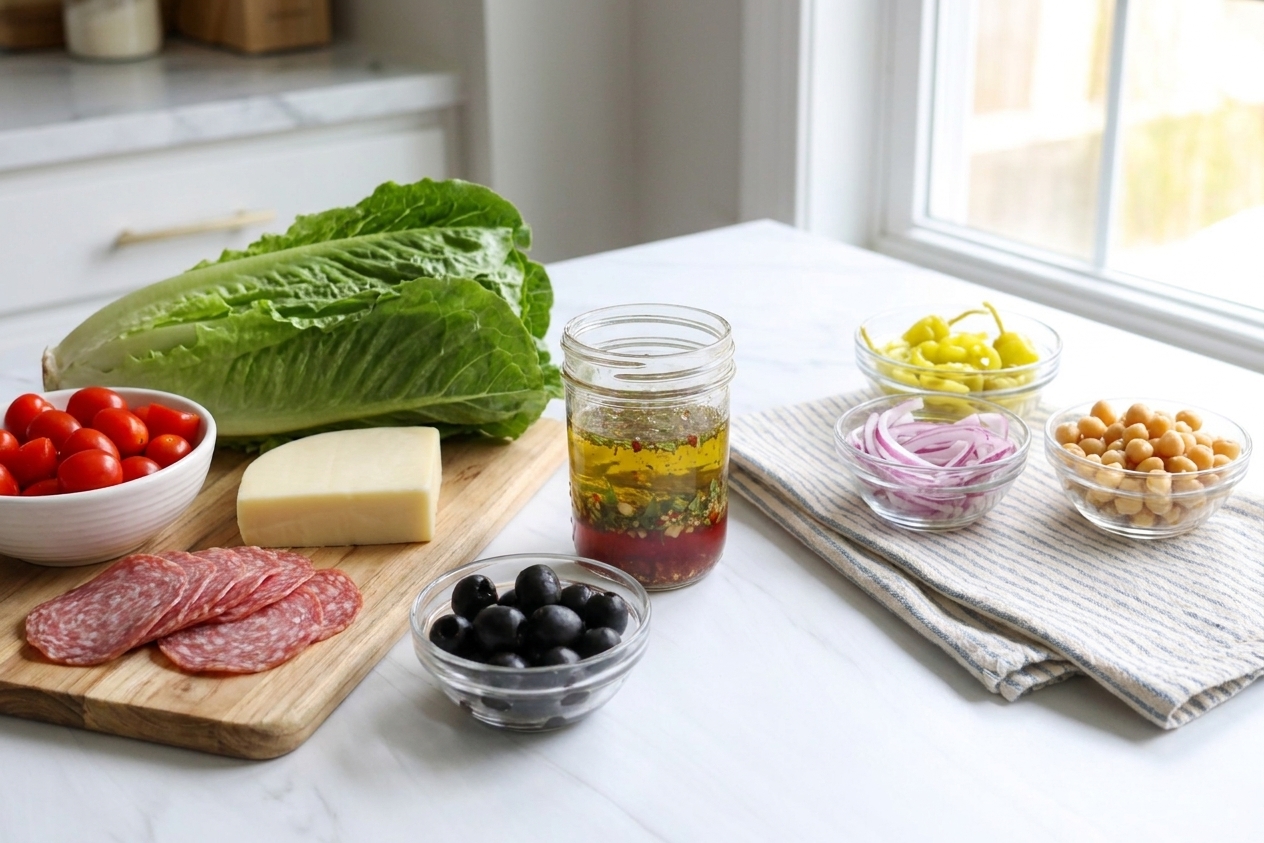 Antipasto salad ingredients arranged on a kitchen counter including romaine, salami, provolone, cherry tomatoes, olives, pepperoncini, red onion, chickpeas, and a small jar of vinaigrette