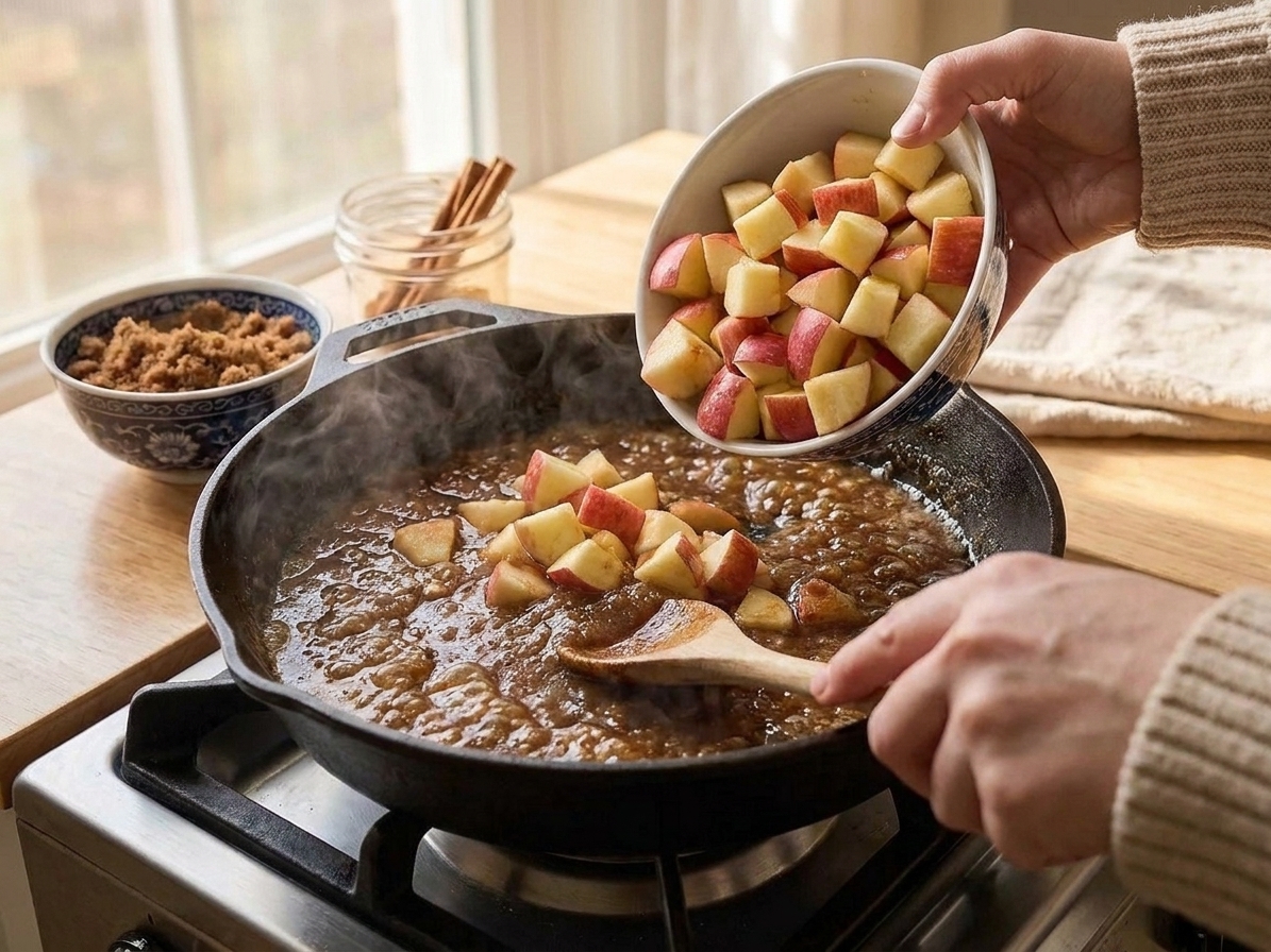 Apple chunks being added into a wide skillet and stirred into a cinnamon-brown sugar butter mixture
