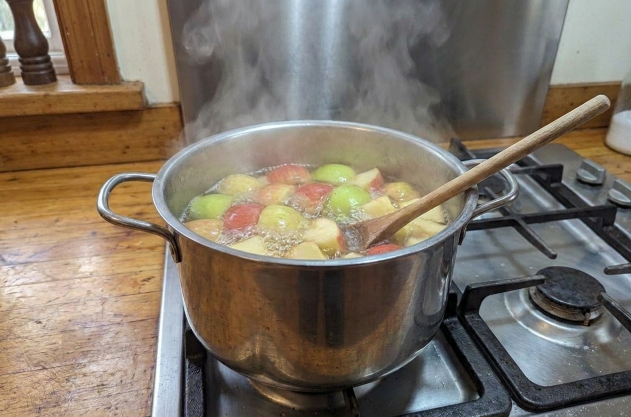 Apple chunks simmering in a large stainless steel pot on a stovetop with steam rising