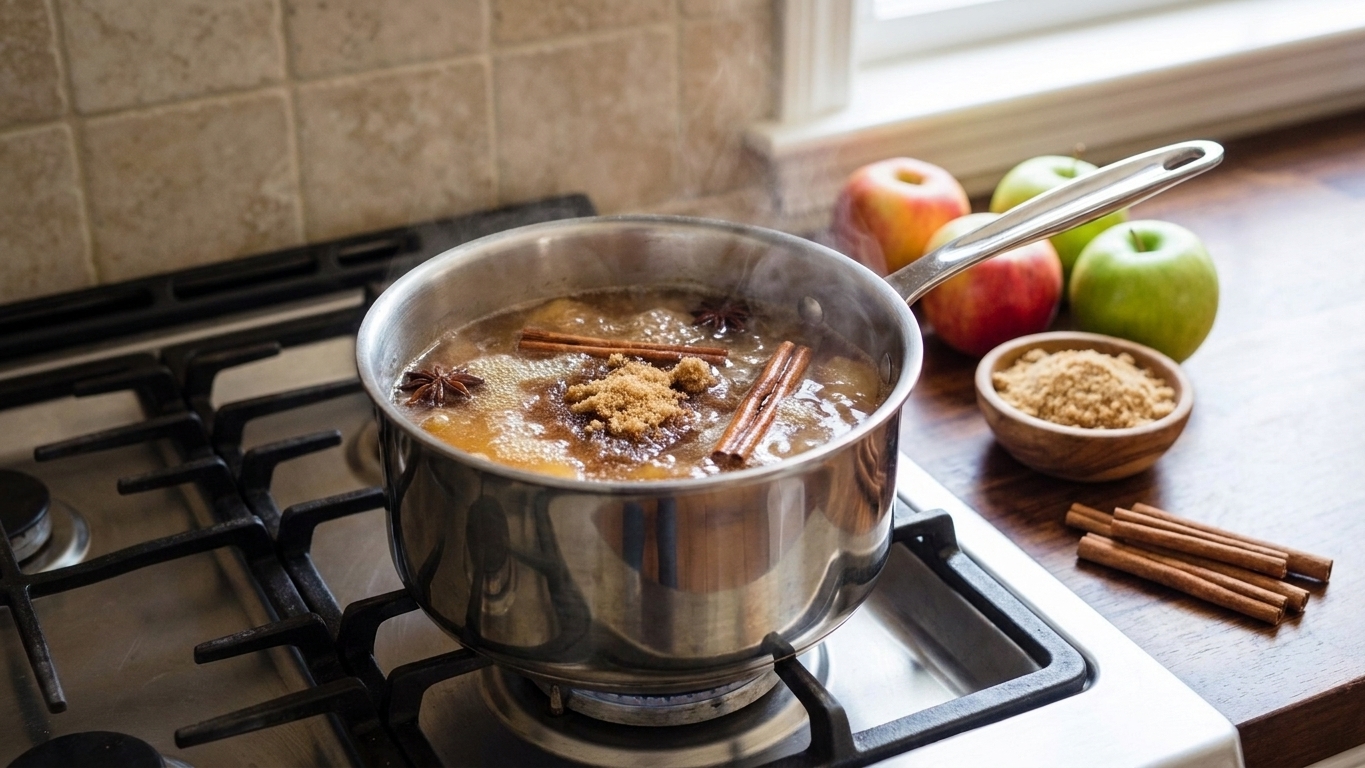 Apple cider and brown sugar simmering in a saucepan with cinnamon sticks on a home stove