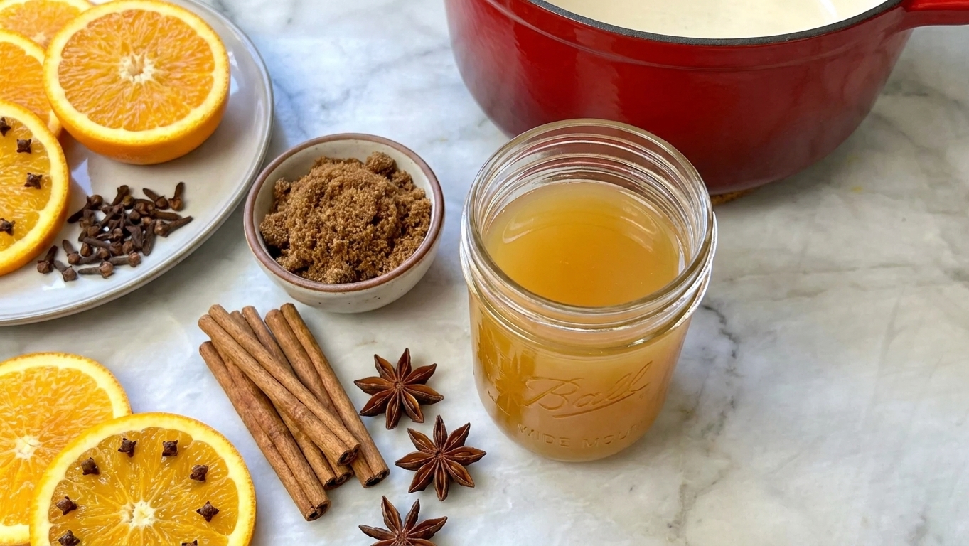 Apple cider, cinnamon sticks, cloves, star anise, orange, and brown sugar arranged on a kitchen counter ready to make mulled cider