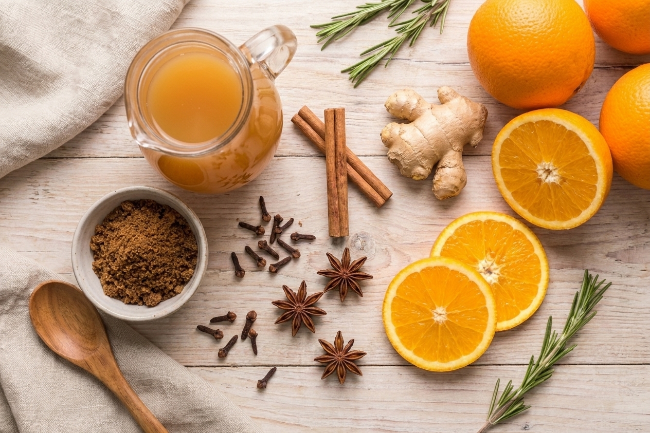 Apple cider, cinnamon sticks, whole cloves, star anise, fresh ginger, brown sugar, and oranges arranged on a light kitchen counter
