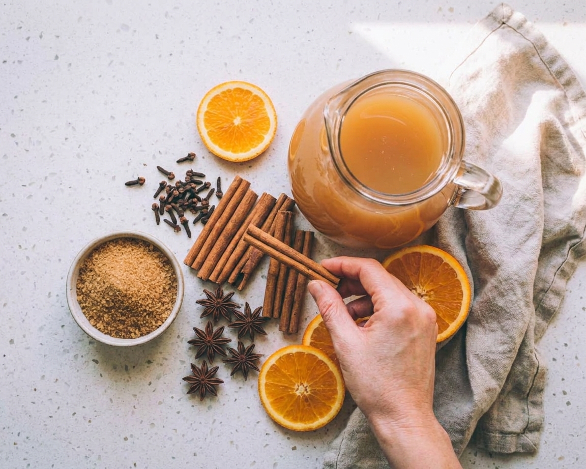 Apple cider, cinnamon sticks, whole cloves, star anise, orange, and brown sugar arranged on a light kitchen counter