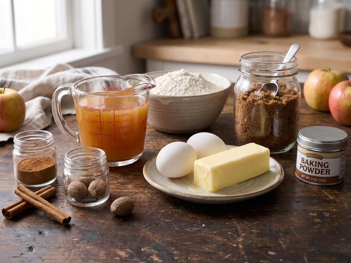 Apple cider, flour, brown sugar, eggs, butter, cinnamon, nutmeg, and baking powder arranged on a warm-toned kitchen counter