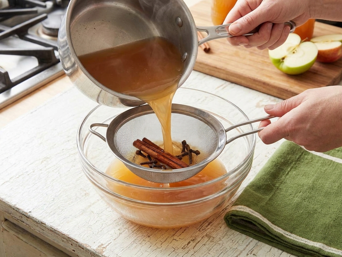 Apple cider mixture being poured through a fine mesh strainer into a bowl, with cinnamon sticks and cloves caught in the strainer