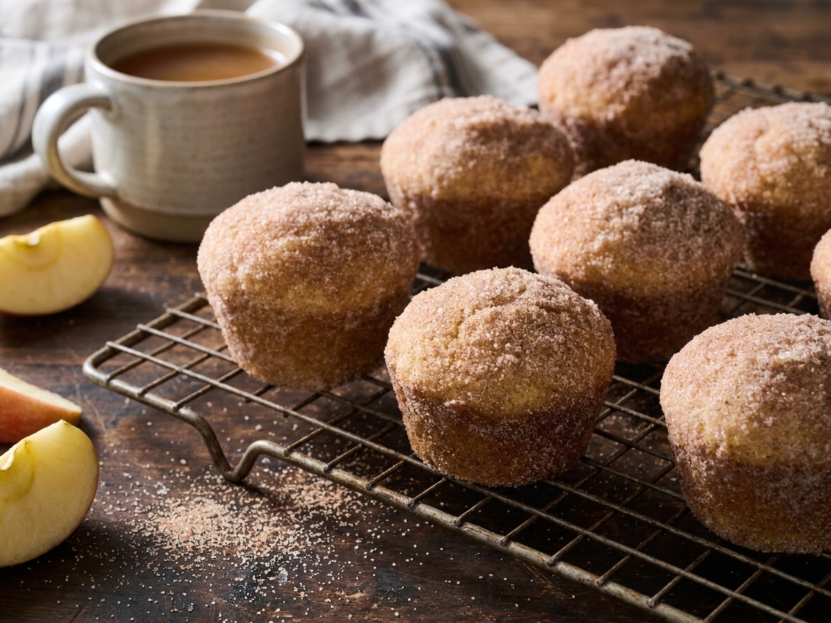 Apple cider muffins cooling on a wire rack on a kitchen counter