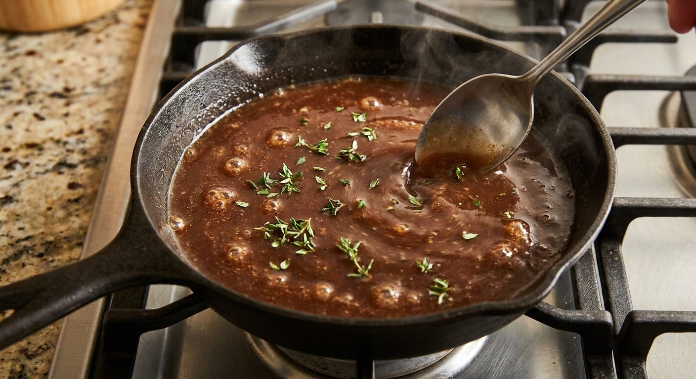 Apple cider sauce simmering in a small skillet with visible thyme leaves and a spoon stirring