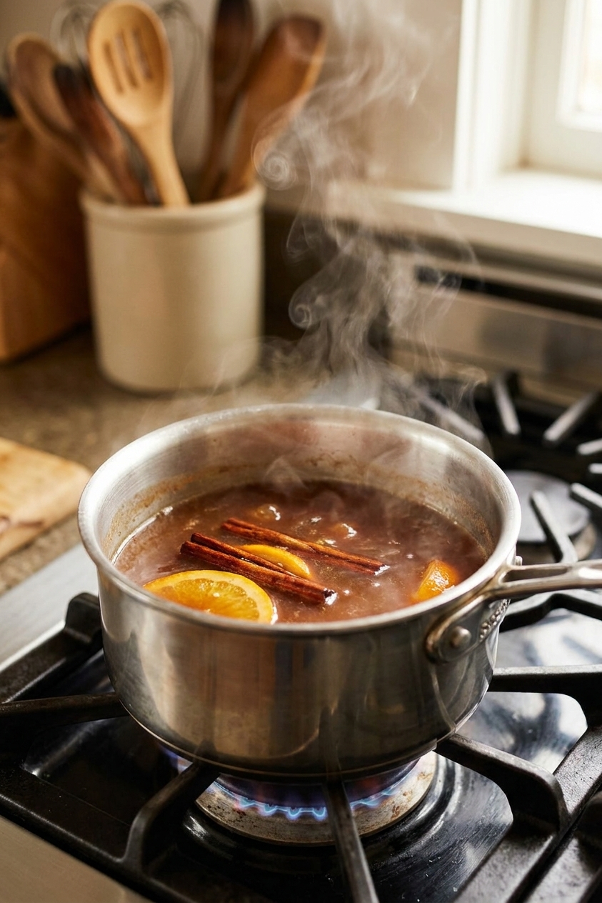 Apple cider simmering in a small saucepan on a stovetop, reduced and slightly darker in color with gentle steam rising