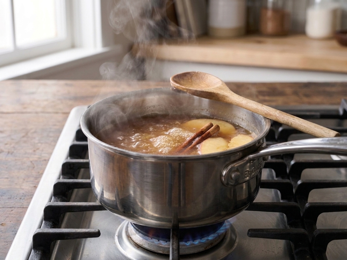 Apple cider simmering in a small saucepan on a stovetop as it reduces