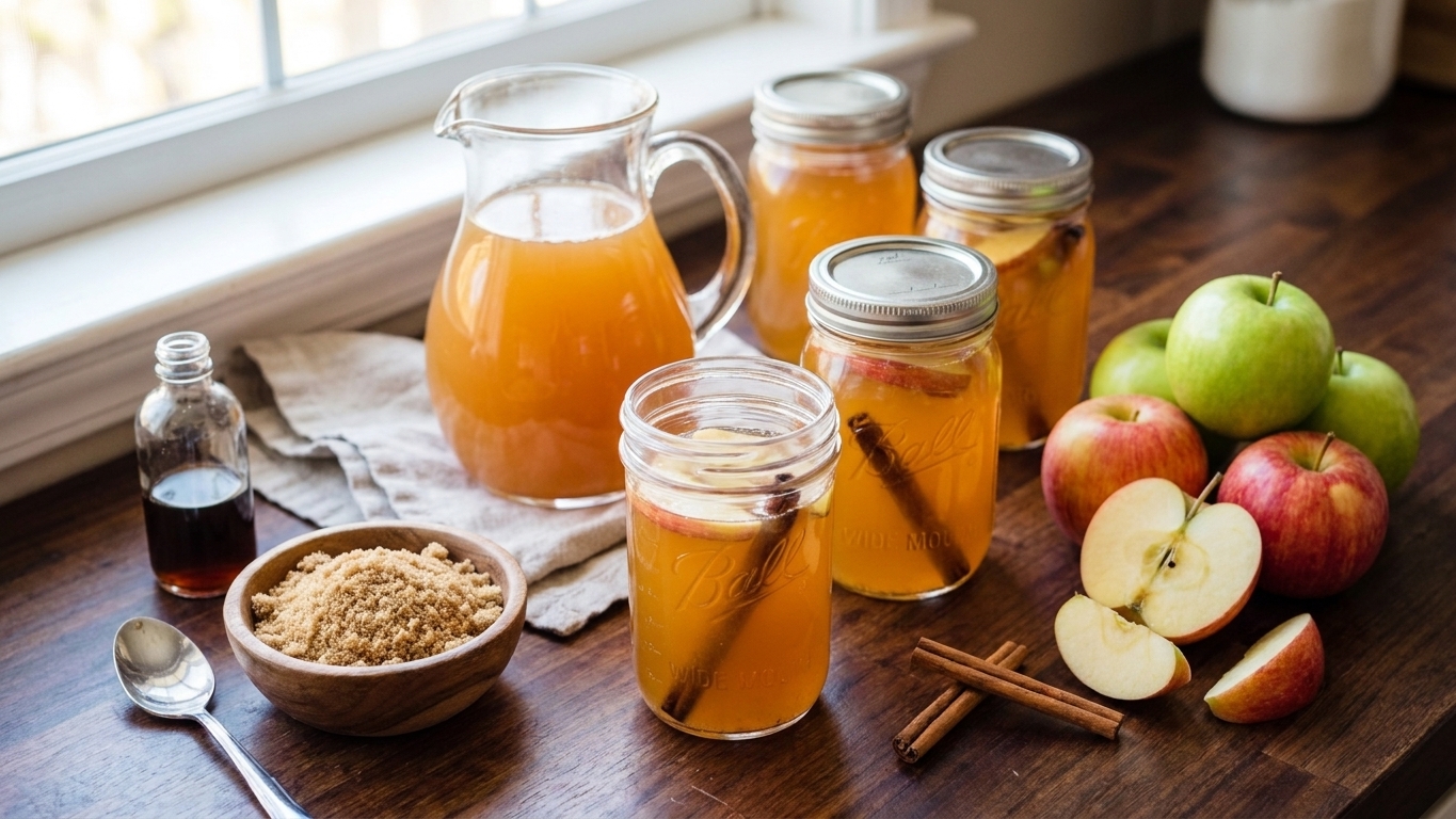Apple cider, sliced apples, cinnamon sticks, vanilla extract, brown sugar, and mason jars arranged on a bright kitchen counter