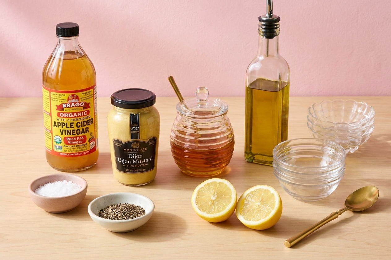 Apple cider vinegar, Dijon mustard, honey, olive oil, salt, pepper, and a halved lemon arranged on a light kitchen counter with small prep bowls