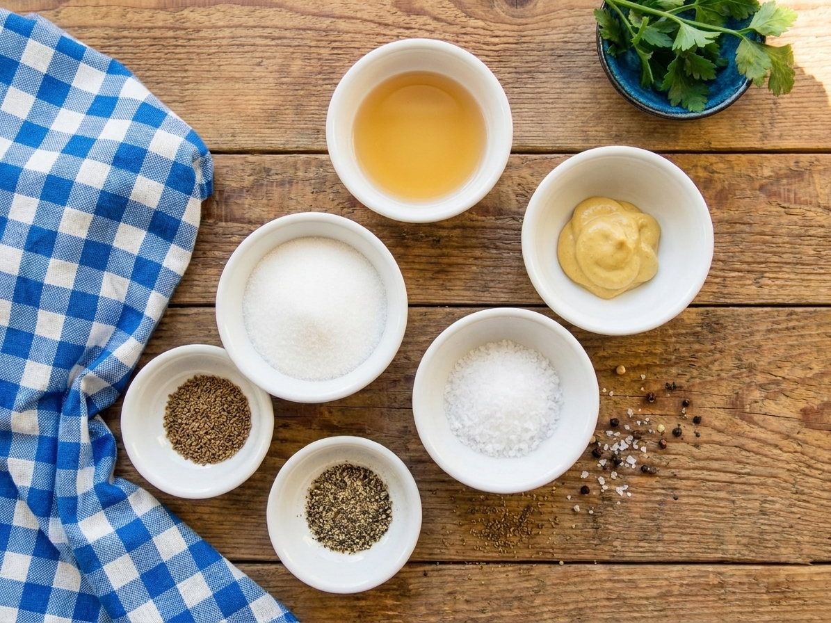 Apple cider vinegar, Dijon mustard, sugar, salt, pepper, and celery seed measured in small bowls on a kitchen counter, ready to mix into dressing