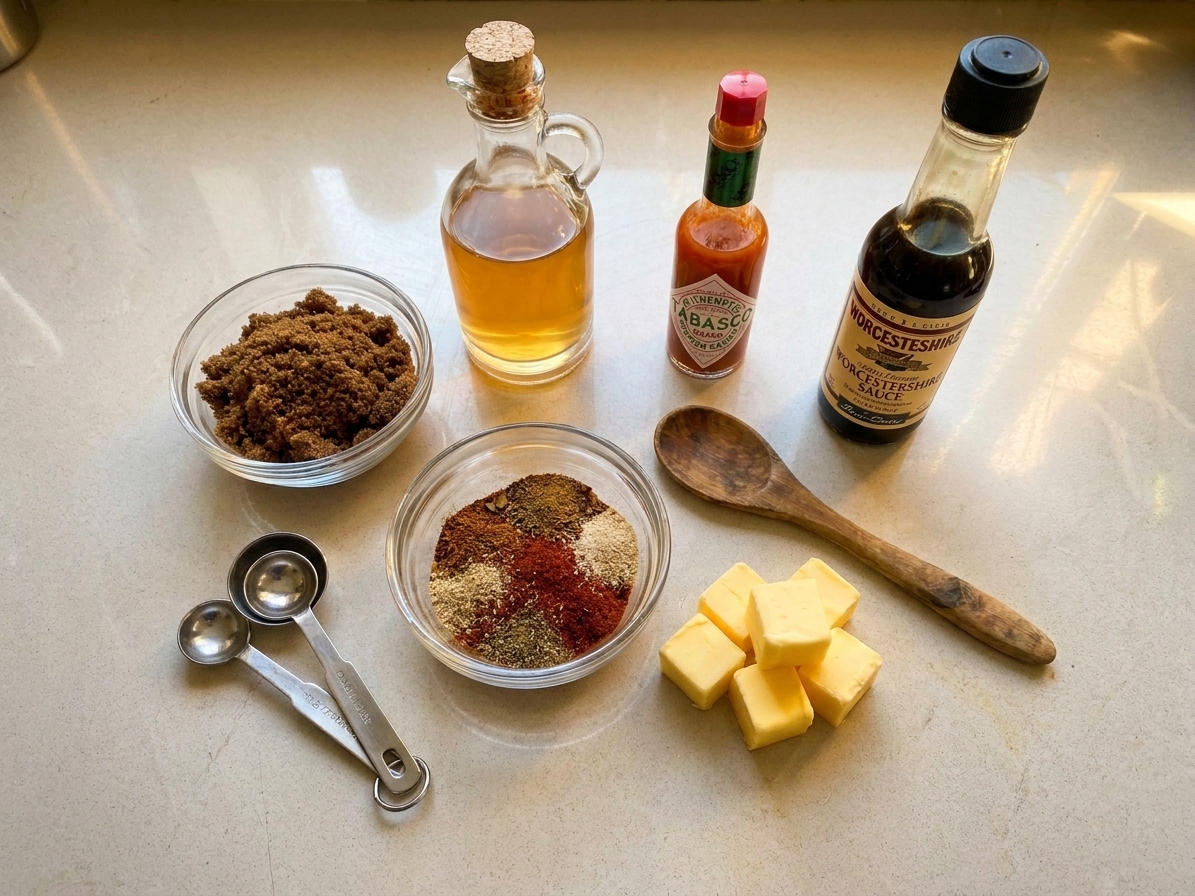 Apple cider vinegar, brown sugar, hot sauce, Worcestershire sauce, spices, and butter arranged on a bright kitchen counter with measuring spoons