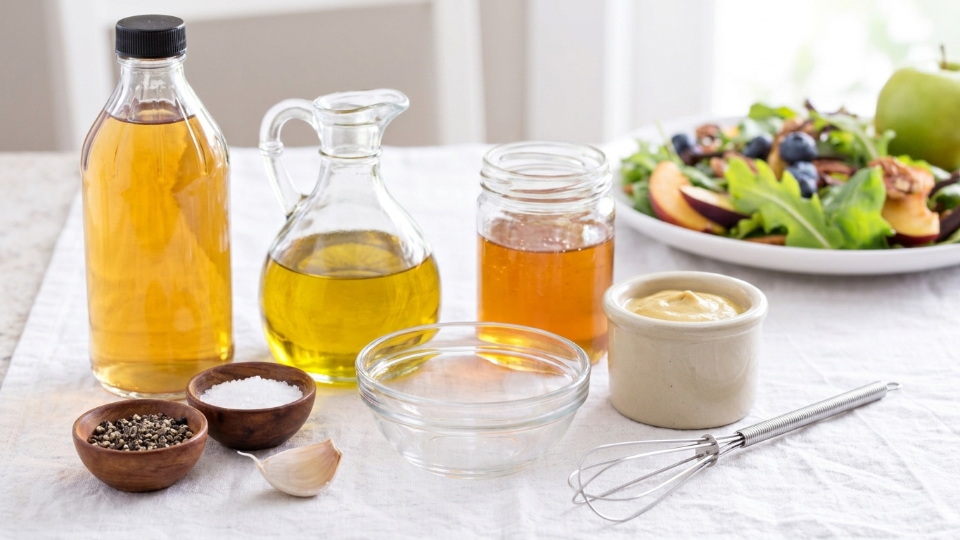 Apple cider vinegar, olive oil, honey, Dijon mustard, salt, pepper, and a garlic clove arranged on a kitchen counter with a small bowl and whisk