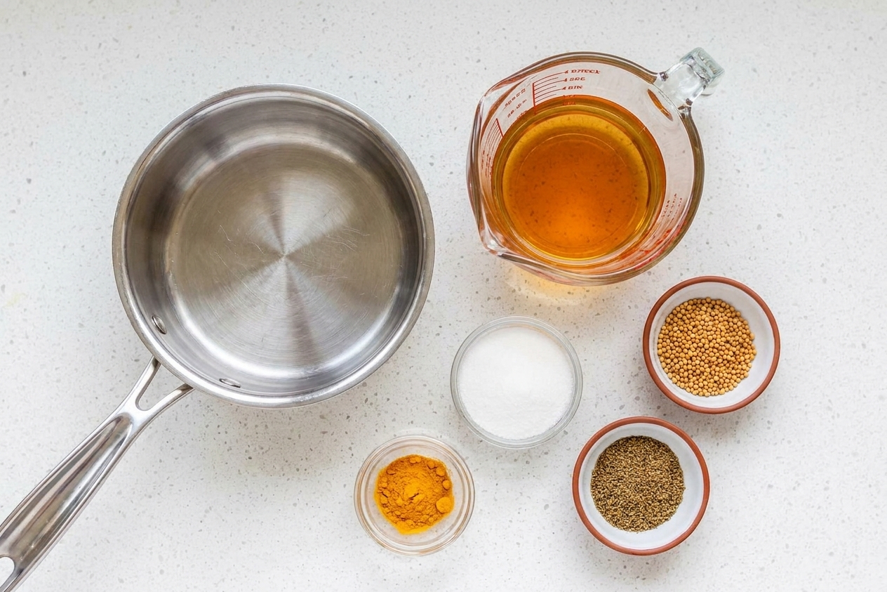 Apple cider vinegar, sugar, mustard seeds, celery seeds, and turmeric measured out on a kitchen counter beside a small saucepan