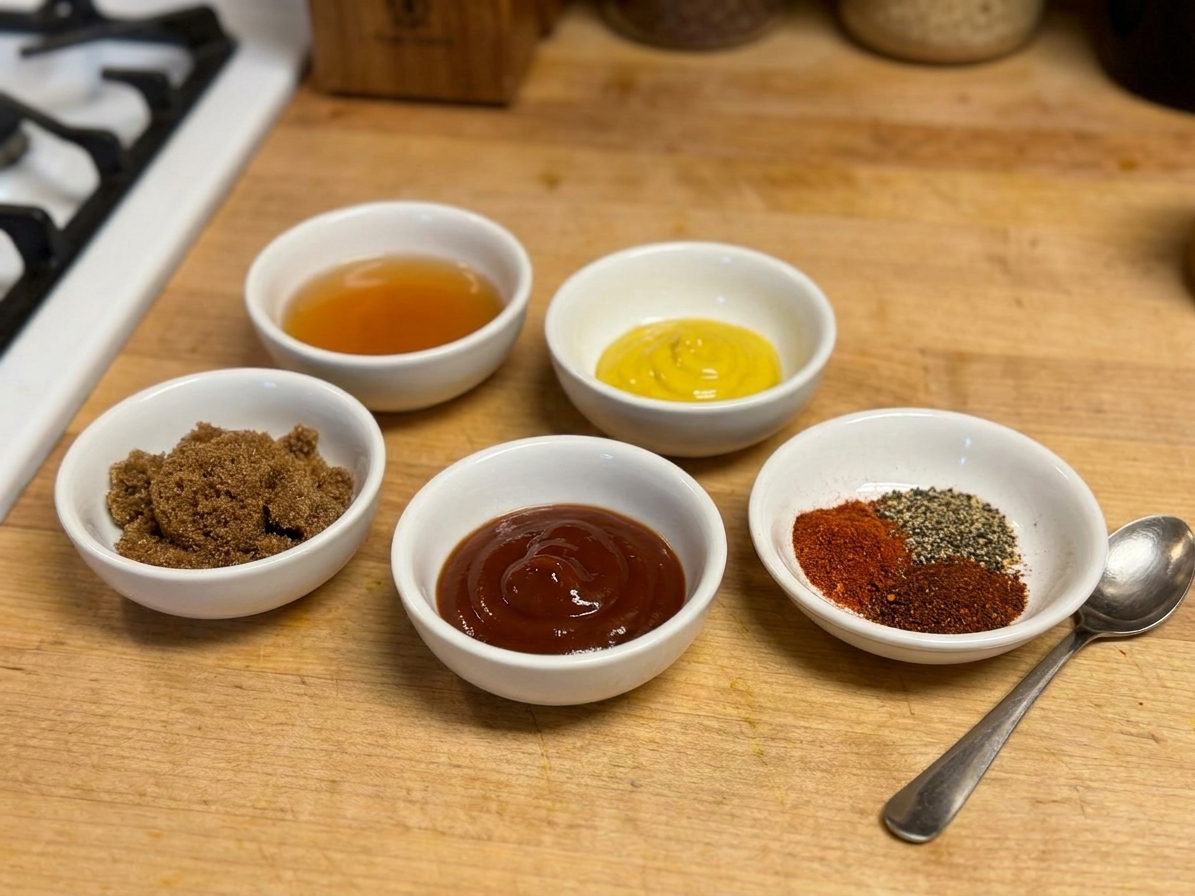 Apple cider vinegar, yellow mustard, brown sugar, ketchup, and spices measured out in small bowls on a kitchen counter under warm consistent lighting