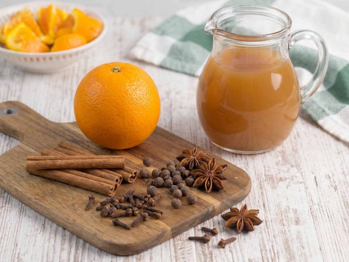 Apple cider with cinnamon sticks, whole cloves, allspice berries, star anise, and an orange ready for making spiced cider