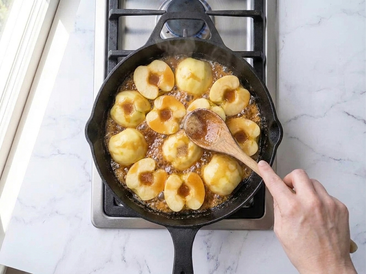 Apple halves nestled tightly in bubbling caramel in a cast iron skillet, with a spoon basting the apples